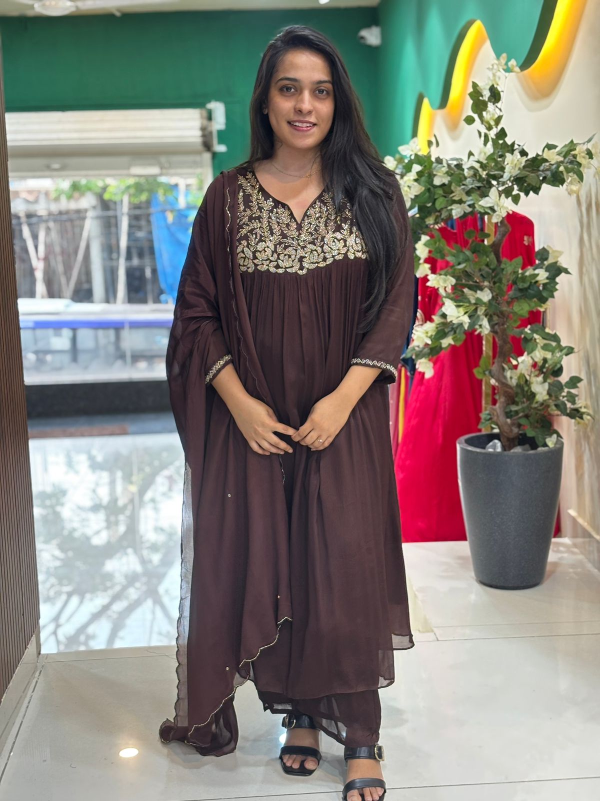 Brown Chinnon Hand Embroidery Airline Kurtha 673