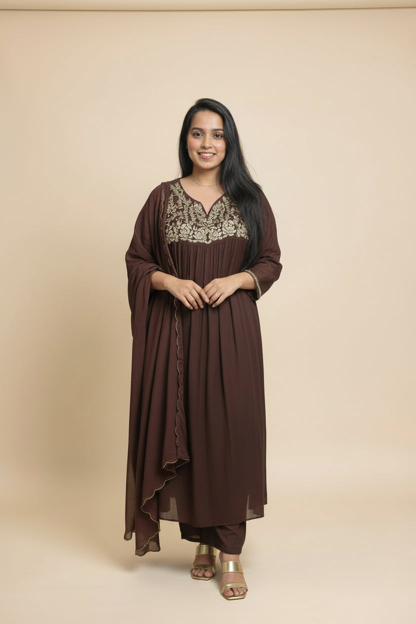 Brown Chinnon Hand Embroidery Airline Kurtha 673