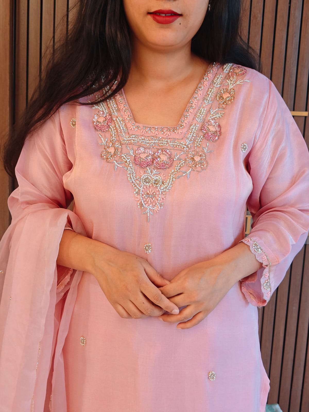 "Chandini" Baby Pink Tissue Shimmer Kurtha with heavy handwork on Sleeves- Plus Size