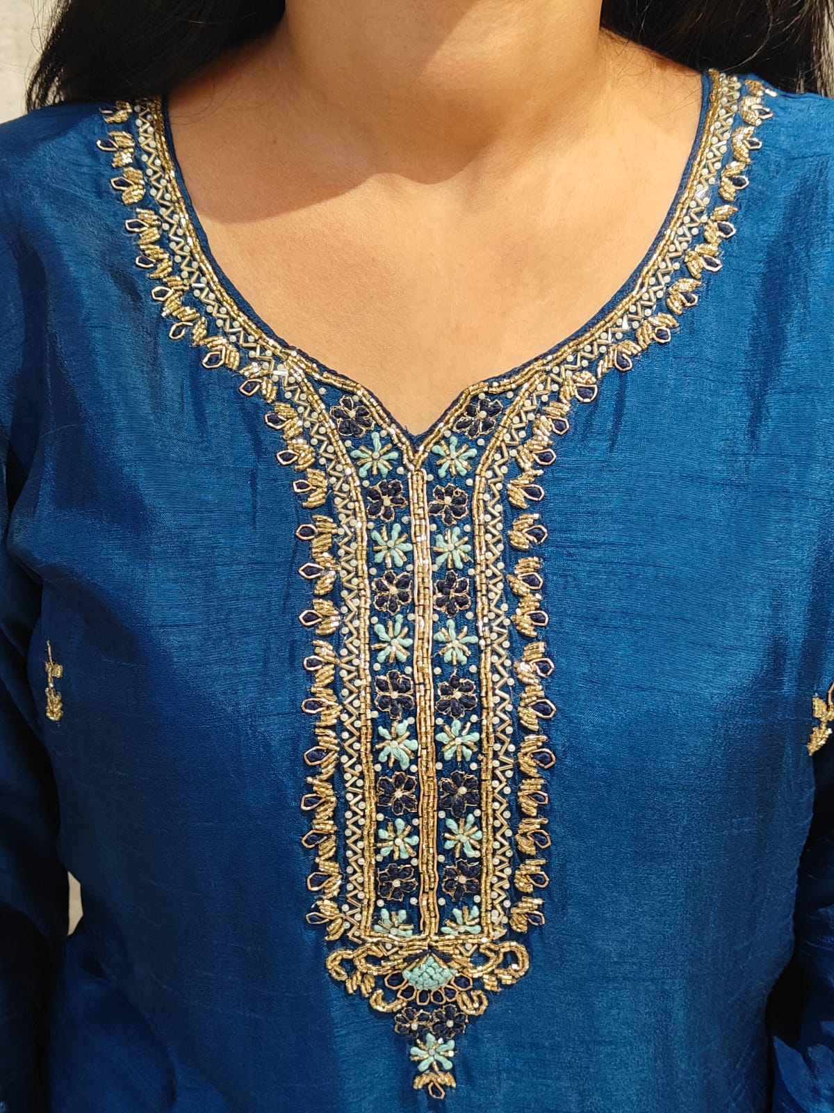 Royal Blue Dola Silk Hand Embroidery Straight Fit  kurtha 543