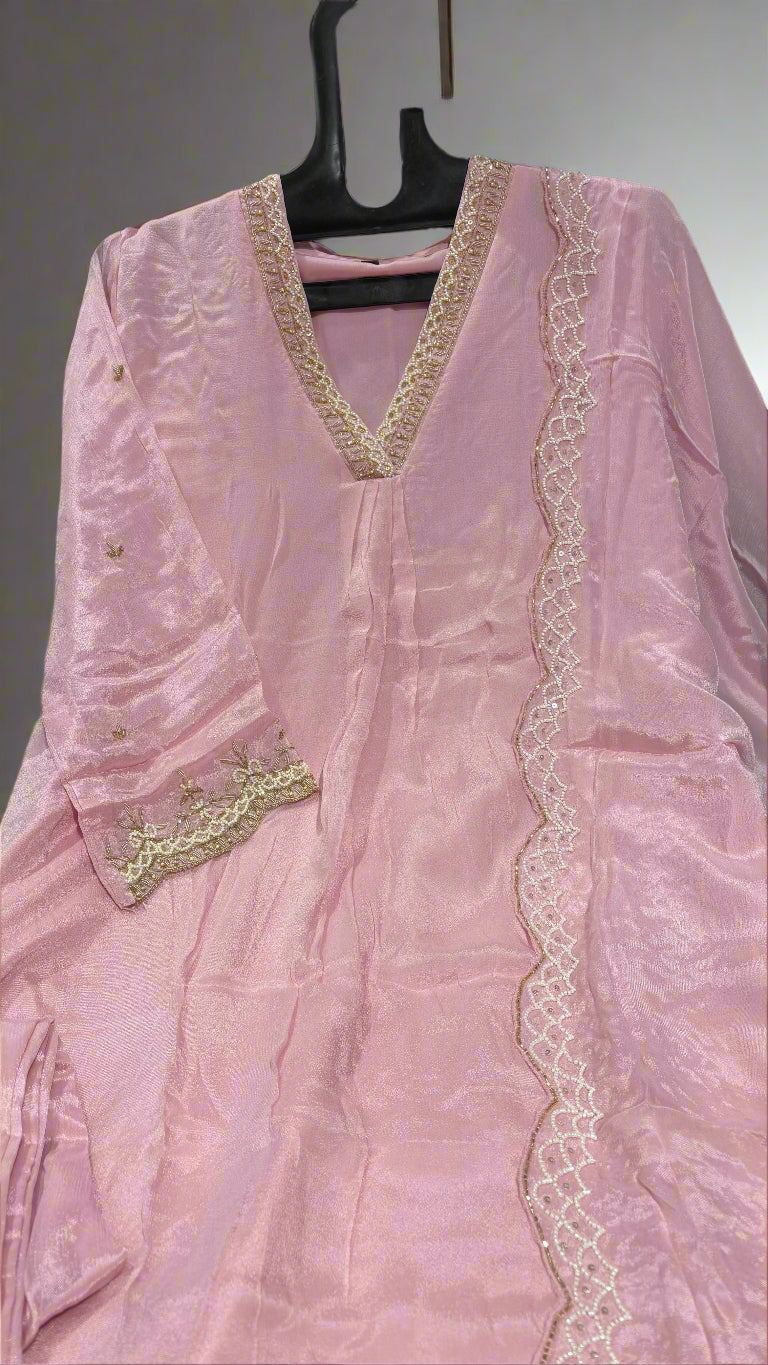 "Piya" Baby Pink Chinnon Handwork Airline Kurtha 345