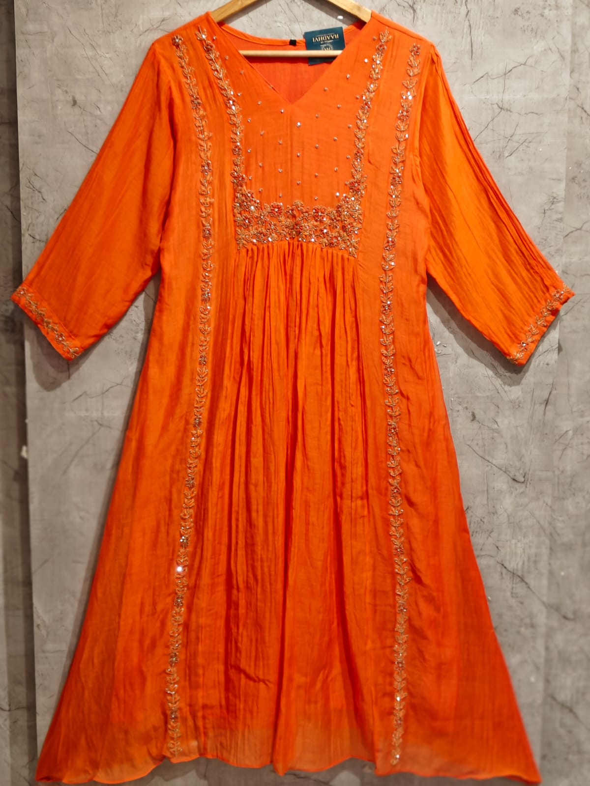 “Pani" Orange  Mul Chanderi silk Kurtha suit with work hand embroidery 898