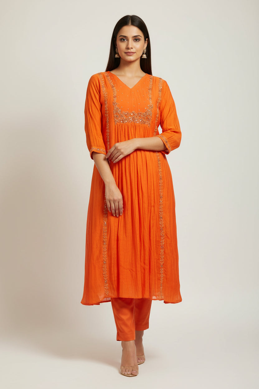 “Pani" Orange  Mul Chanderi silk Kurtha suit with work hand embroidery 898