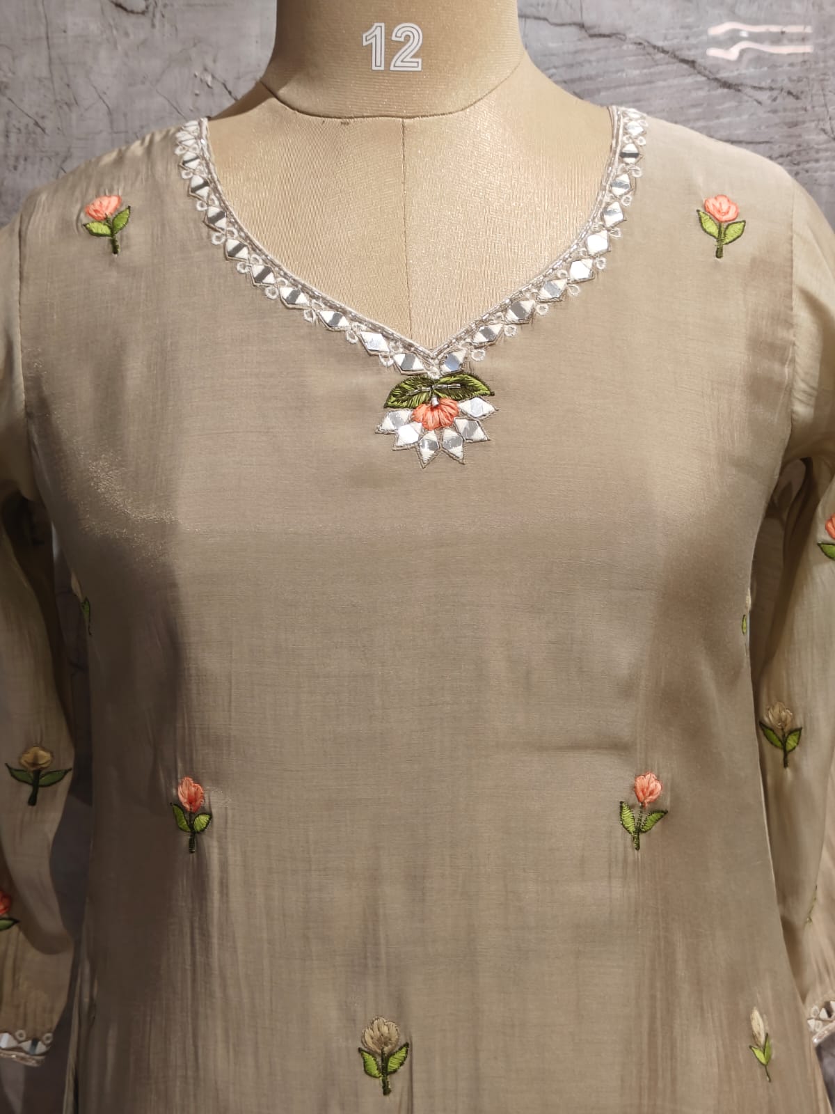 Greyish Green  Mul Chanderi Thread Embroidery Airline Kurtha 63