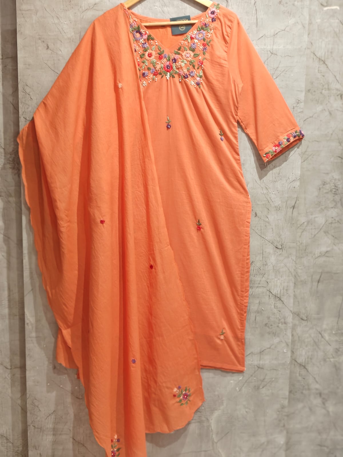 Orange Cotton Hand Embroidery Straight Fit Kurtha 212