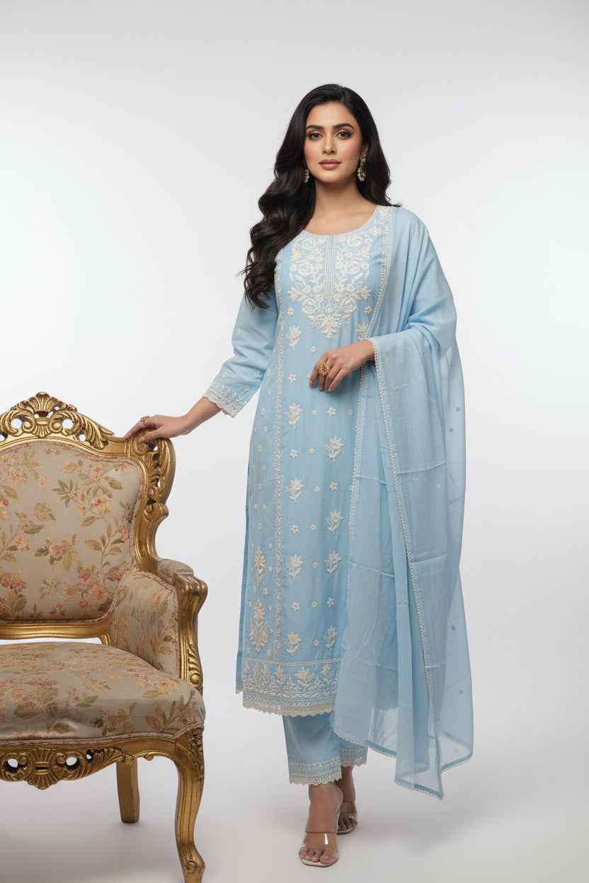 Sky Blue mul Cotton Anarkali Kurtha with pearl work 461