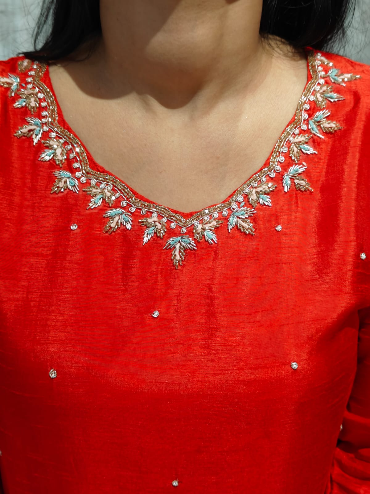 Red Dola Silk Hand Embroidery Straight Fit Kurtha 022