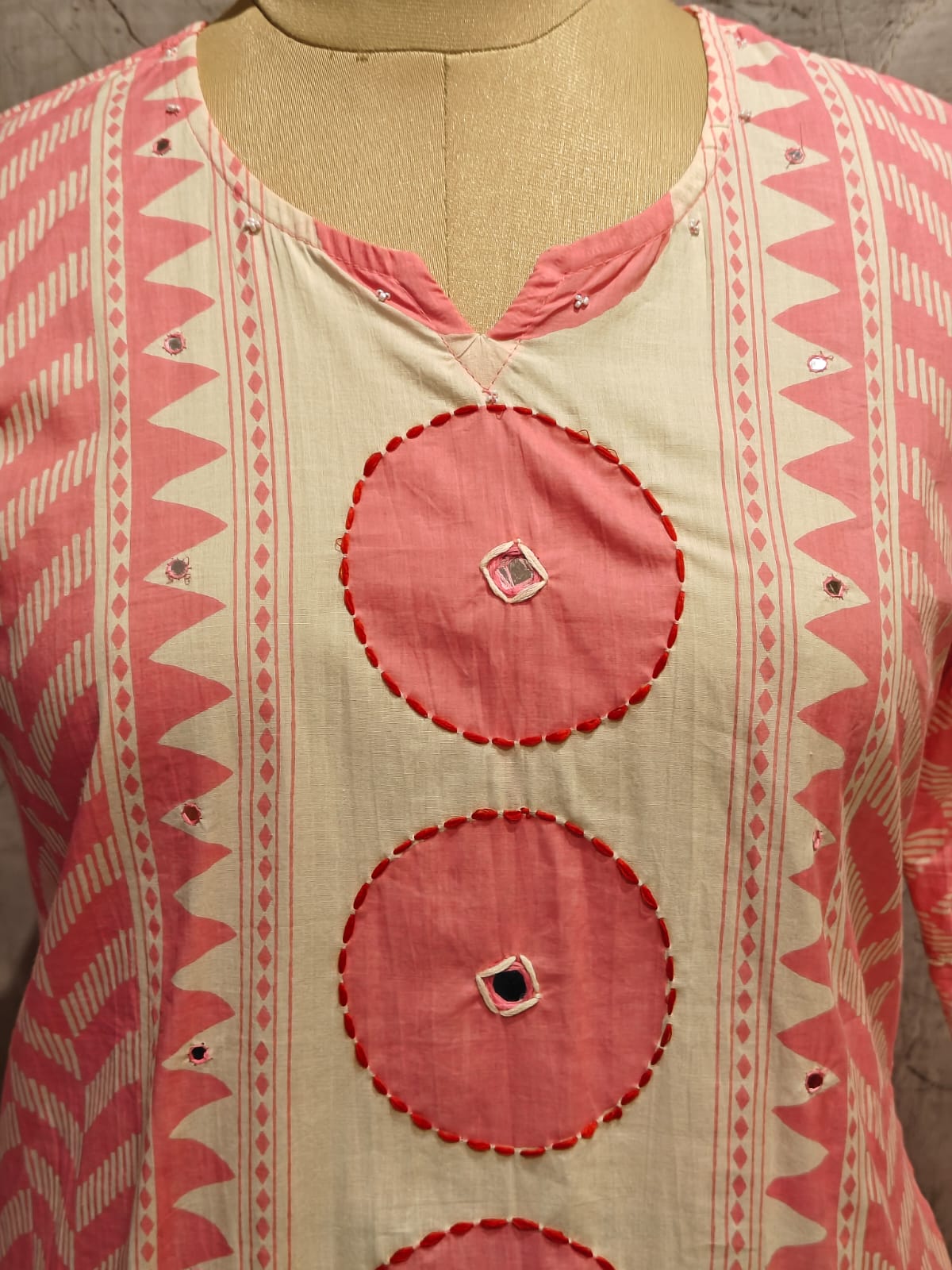 Pink Cotton Hand Embroidery Straight Fit Kurtha