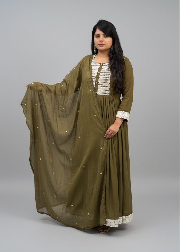 Mehendi Green Mul Cotton Anarkali Kurtha 329