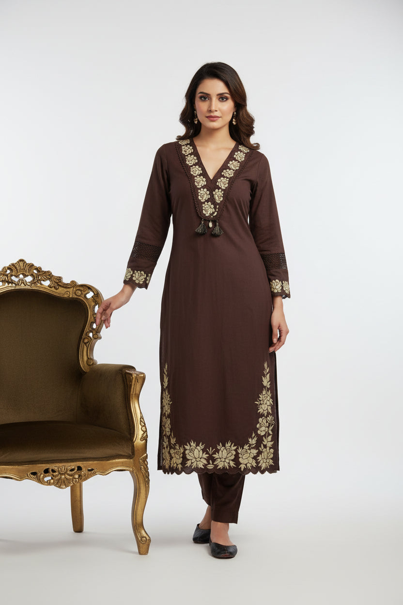 Brown embroidery mul Cotton Straight fir Kurtha 389