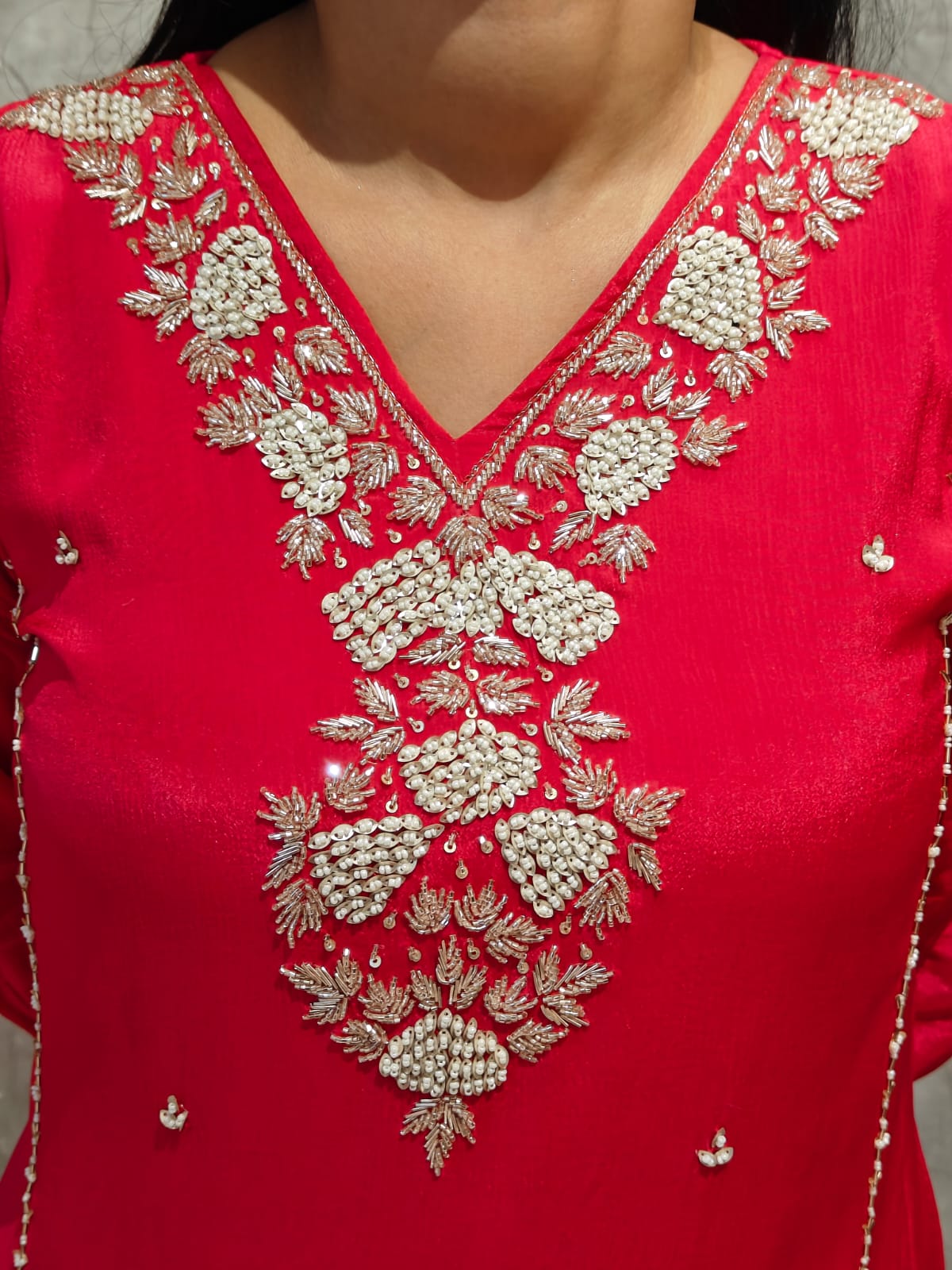 Red Chinnon Hand Embroidery Airline Kurtha 444