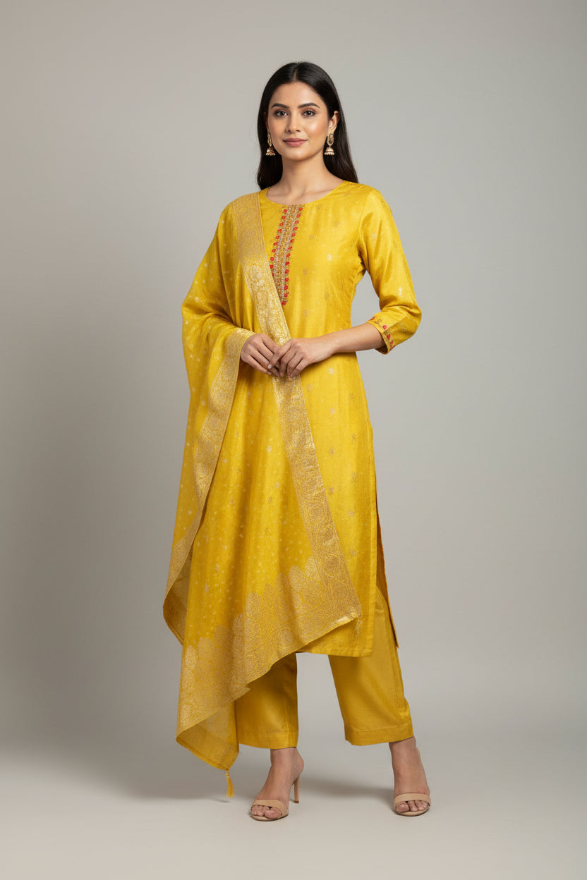 Yellow Dola silk kurtha set
