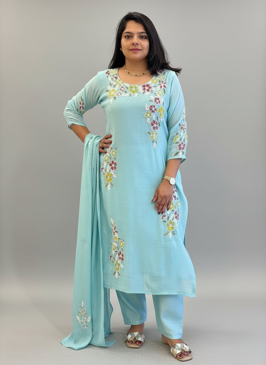 Blue Mul Chanderi Hand Embroidery Straight Fit Kurtha 688