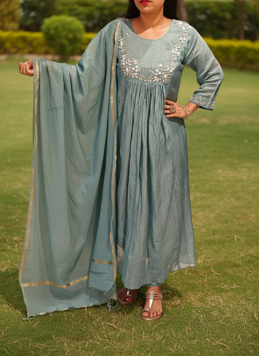 Sea Green Mul Chanderi Hand Embroidery Airline Kurtha093
