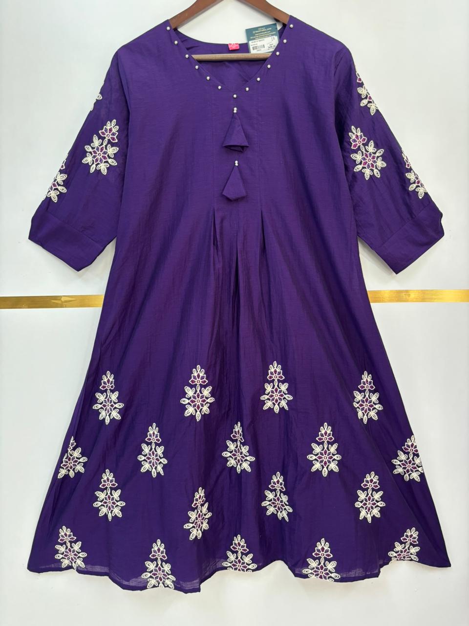 Purple Mul Chanderi Thread Embroidery Airline Kurtha 439