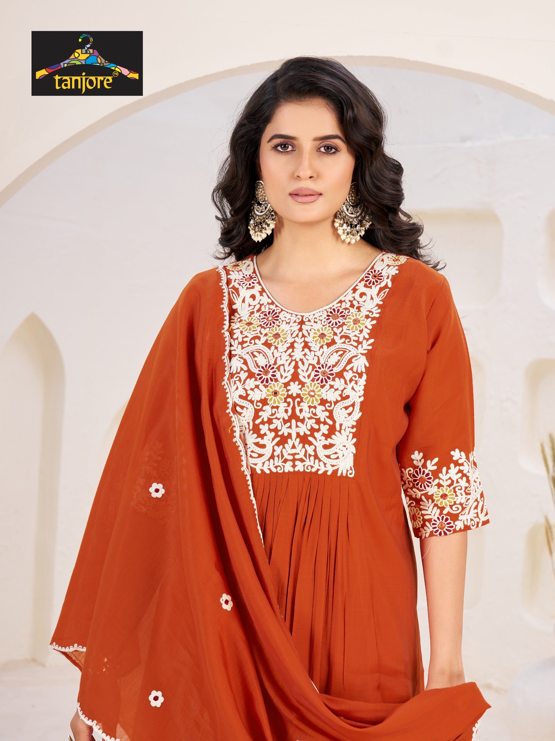 Orange Silk Thread Embroidery Anarkali Kurtha