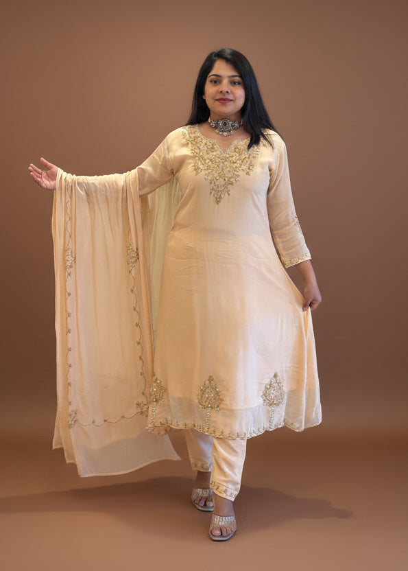 Cream Chinnon Hand Embroidery Airline Kurtha 673
