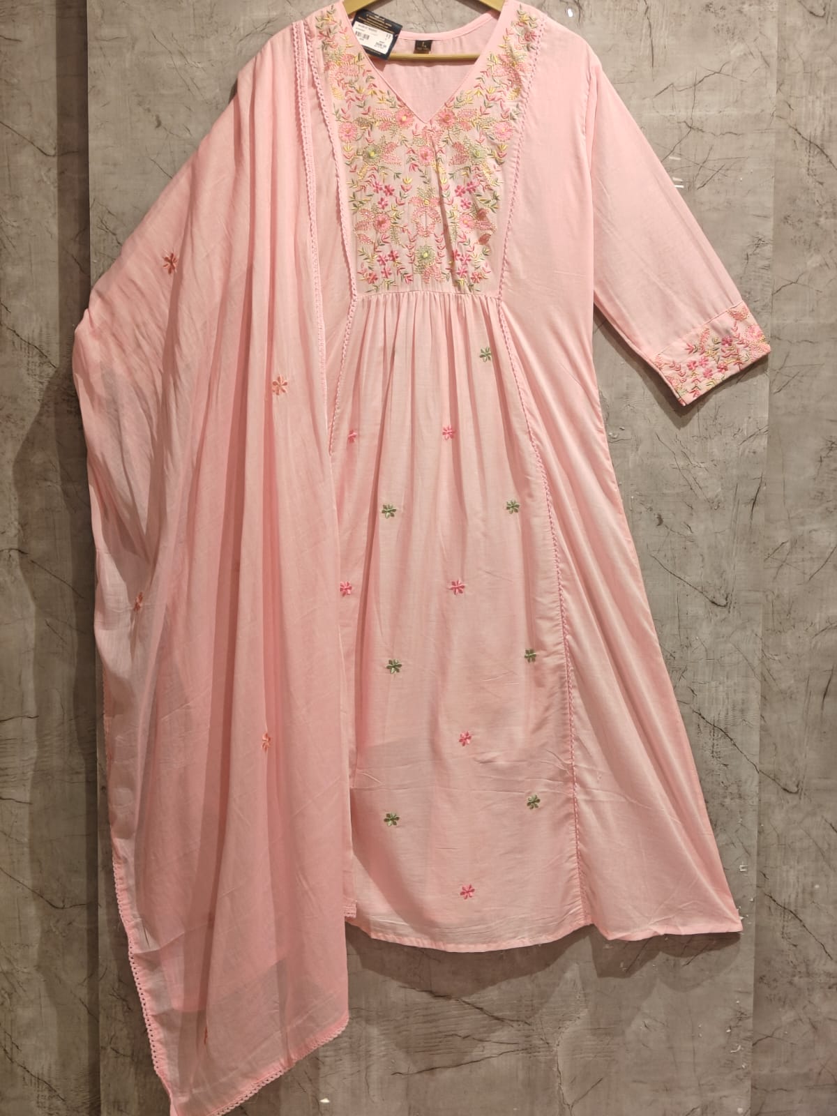 Baby Pink Mul Cotton Thread Embroidery Airline Kurtha488