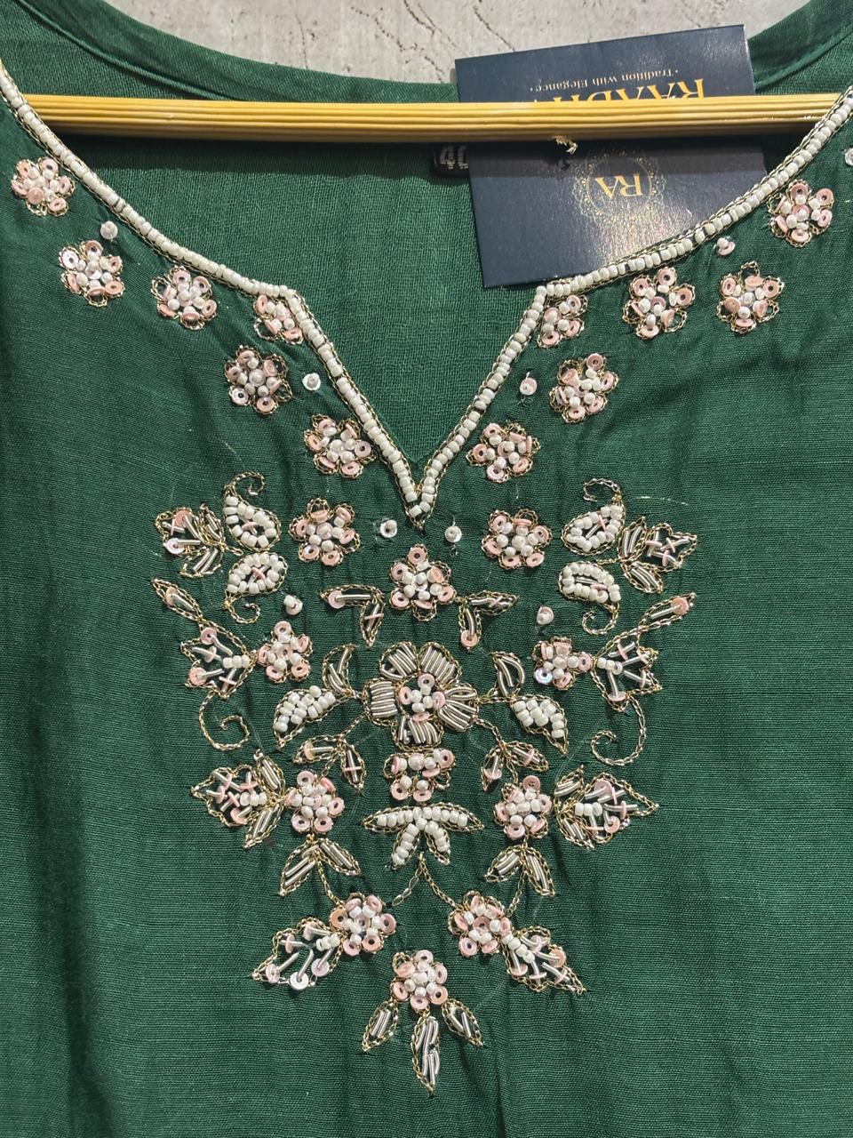 Bottle Green Mul Chanderi silk Kurtha 765 with Handwork Embroidery