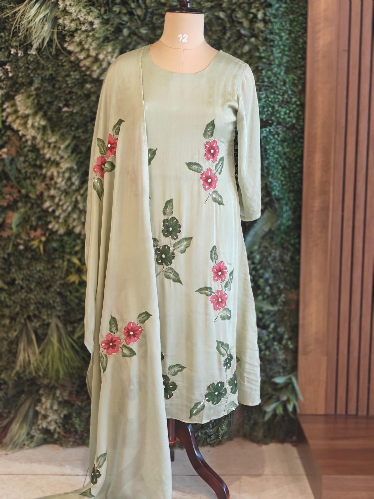 Pista Green Hand Embroidery Crepe Airline Kurtha 765