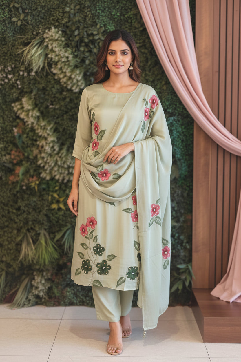 Pista Green Hand Embroidery Crepe Airline Kurtha 765