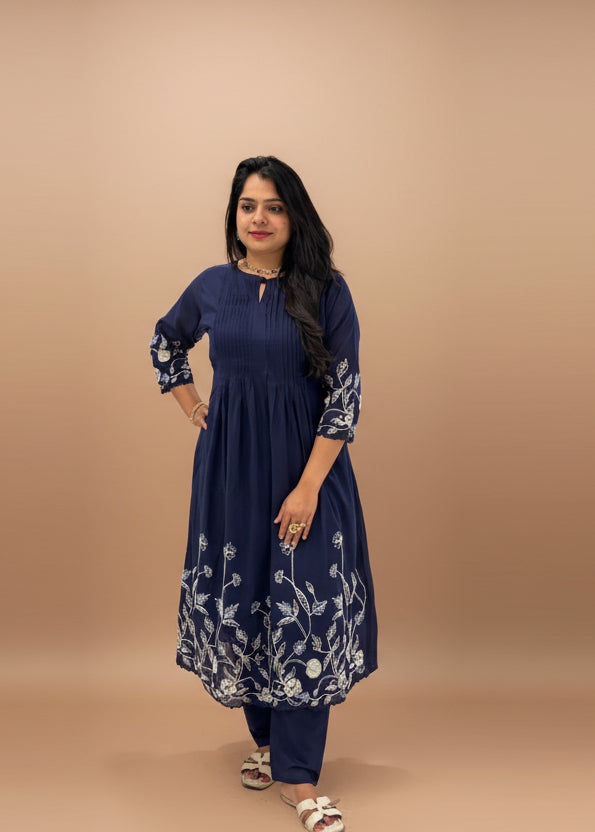 Dark Blue Cotton Hand Embroidery Cord Set Kurtha 487