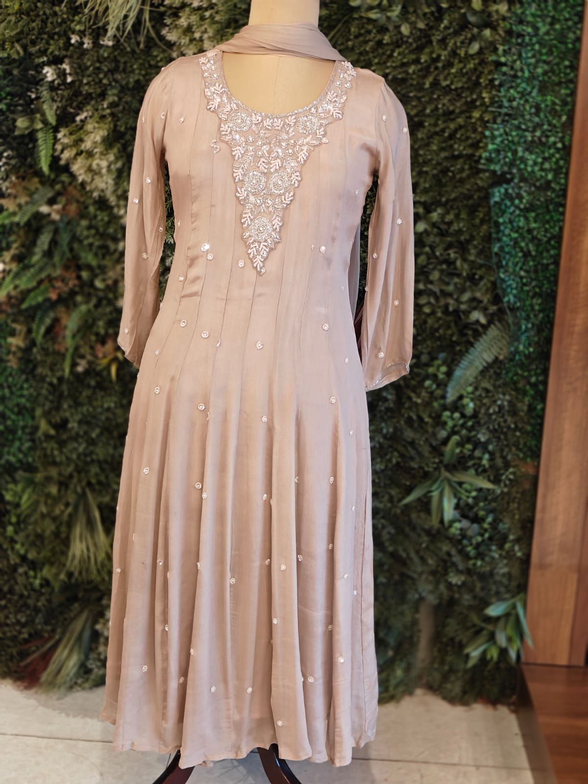 Beige Anarkali chinnon handwork party ware Kurtha 567