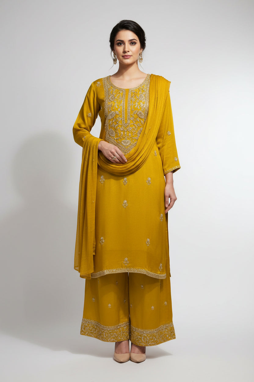 "PARI"  Masturd Yellow Designer Kurtha Set with Handwork and Palzoo Pant to