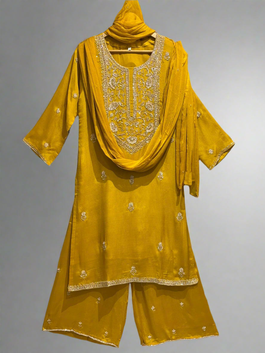 "PARI"  Masturd Yellow Designer Kurtha Set with Handwork and Palzoo Pant to