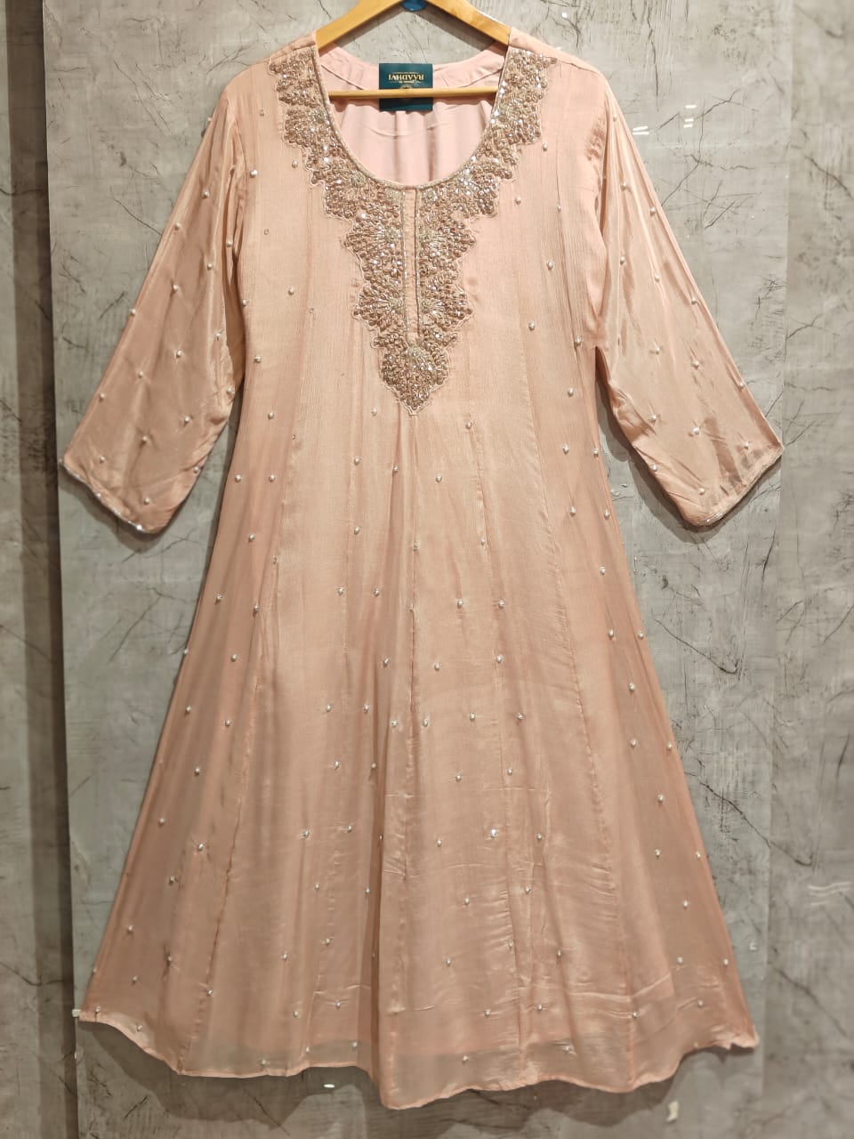 Baby Pink Anarkali Chinnon Hand Embroidery Kurtha 567