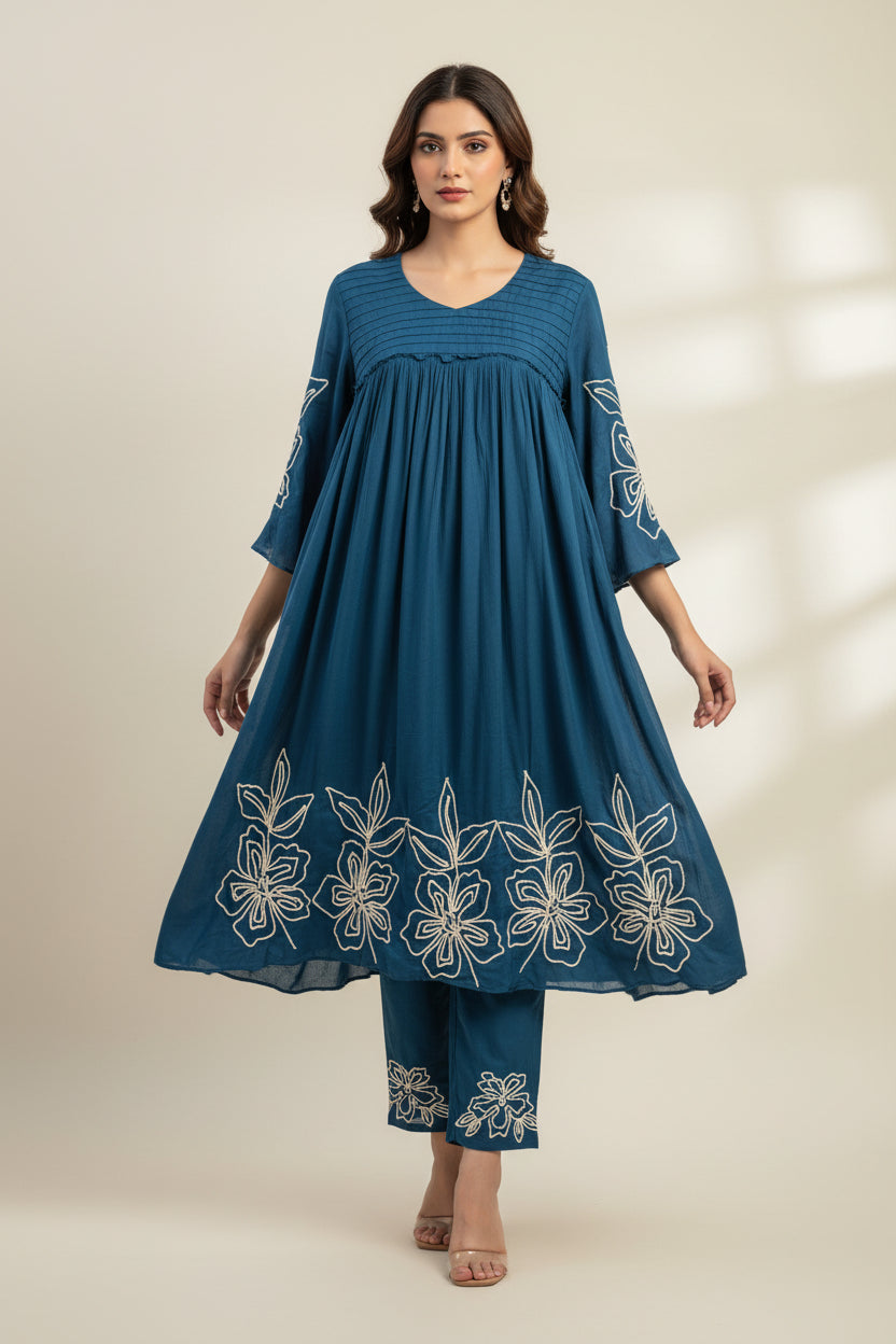 Royal Blue Crepe Thread Embroidery Cord Set Kurtha 483