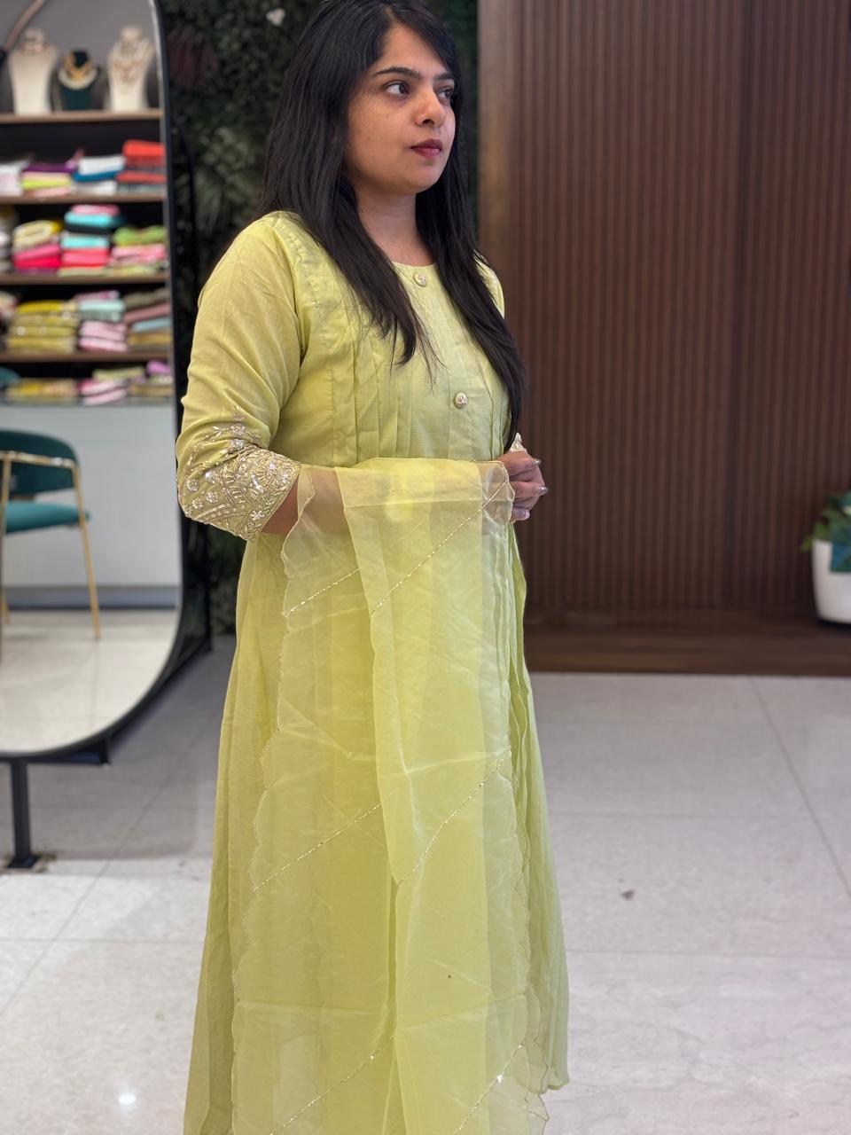 "pani" Pista Green Chanderi Silk Anarkali Handwork Kurtha Set