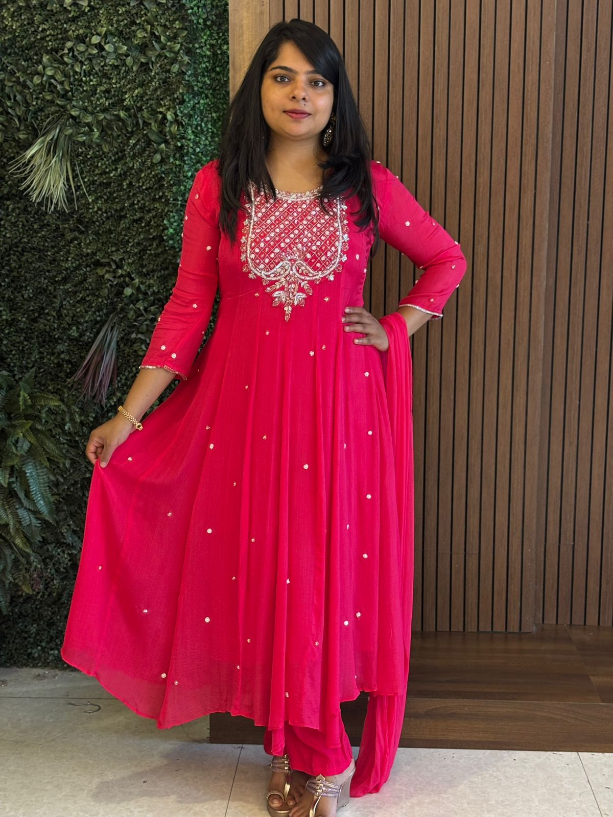 Pink Anarkali Chinnon Hand Embroidery Kurtha 567
