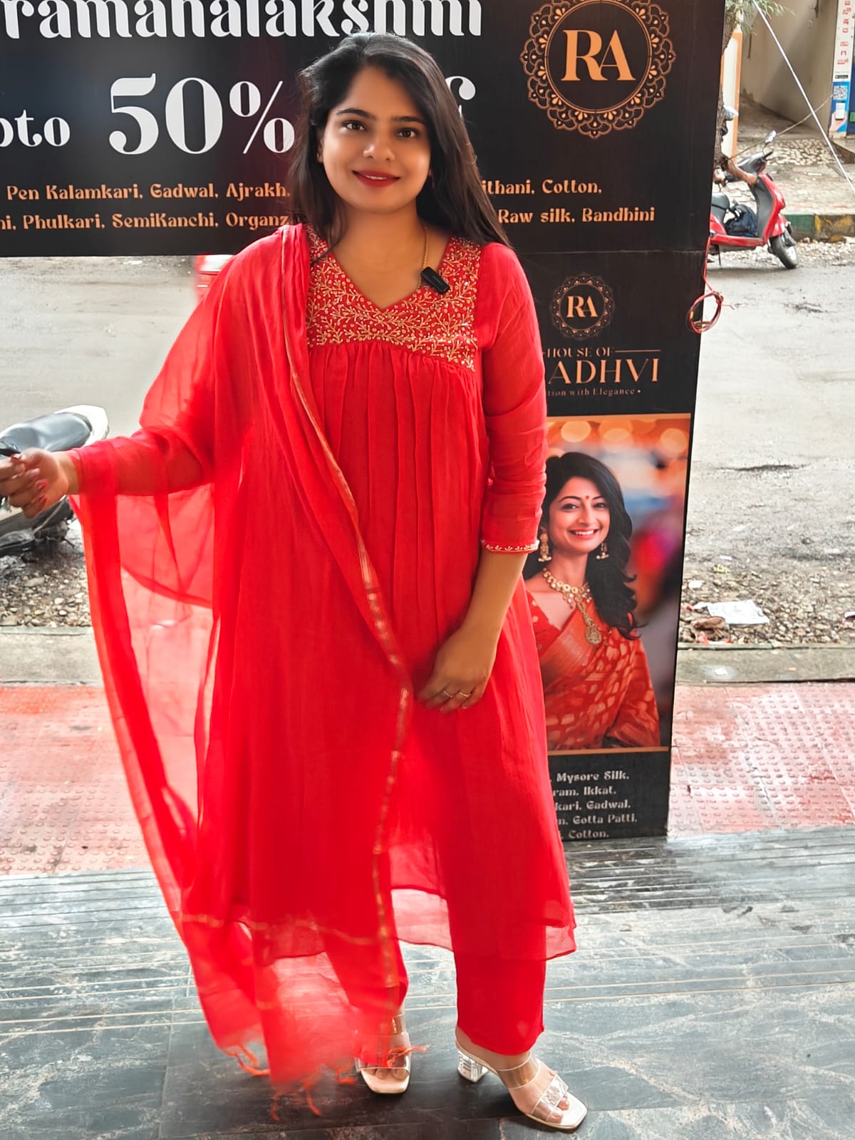 Red Mul Chanderi Hand Embroidery Airline Kurtha
