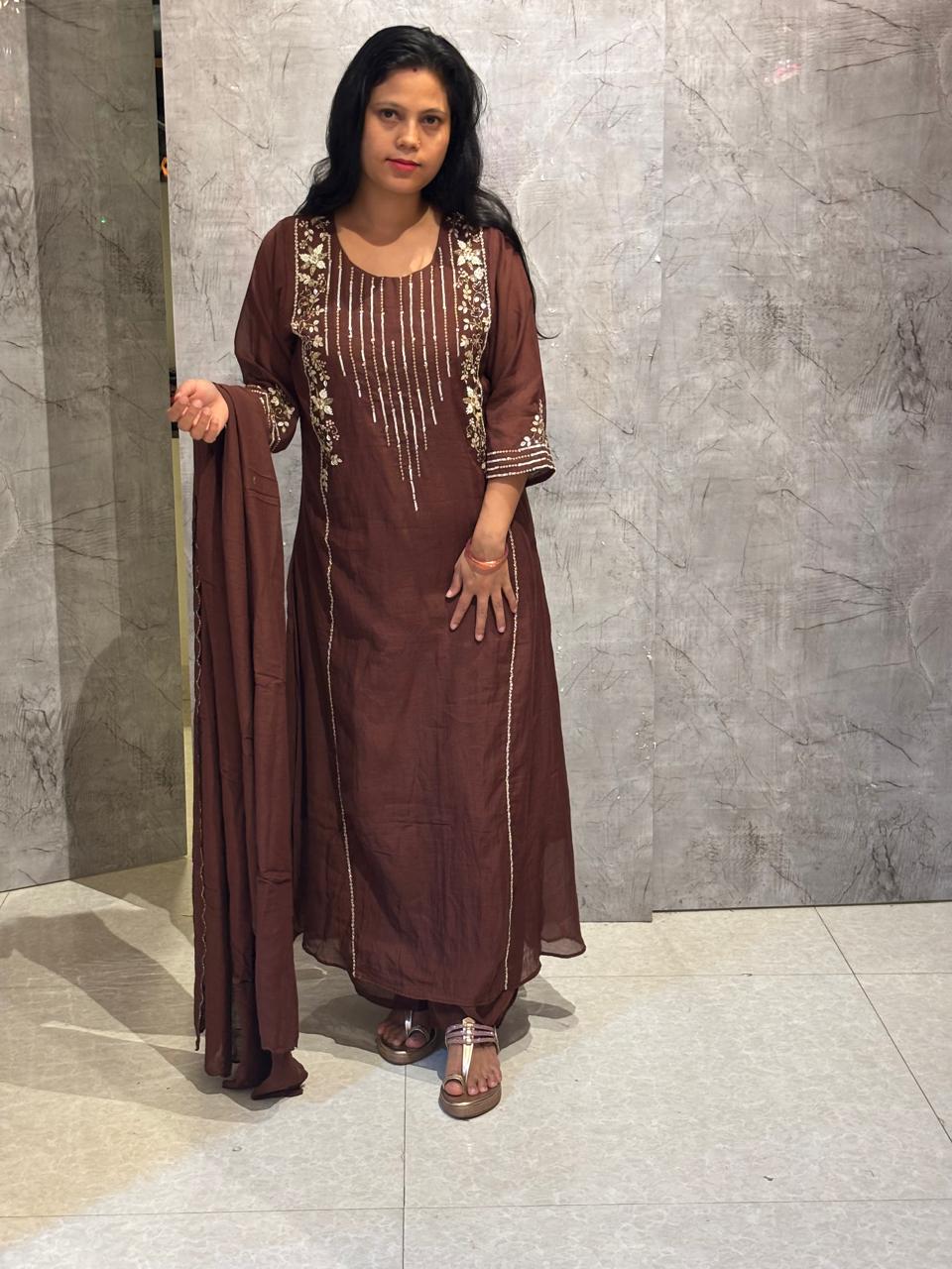 Coffee Brown Mul Chanderi Silk Airline Handwork Kurtha 434 Set