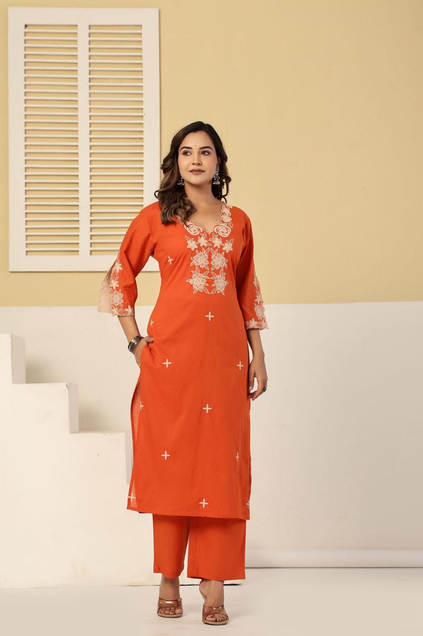 Orange Cotton Thread Embroidery Straight Fit pulse size Kurtha