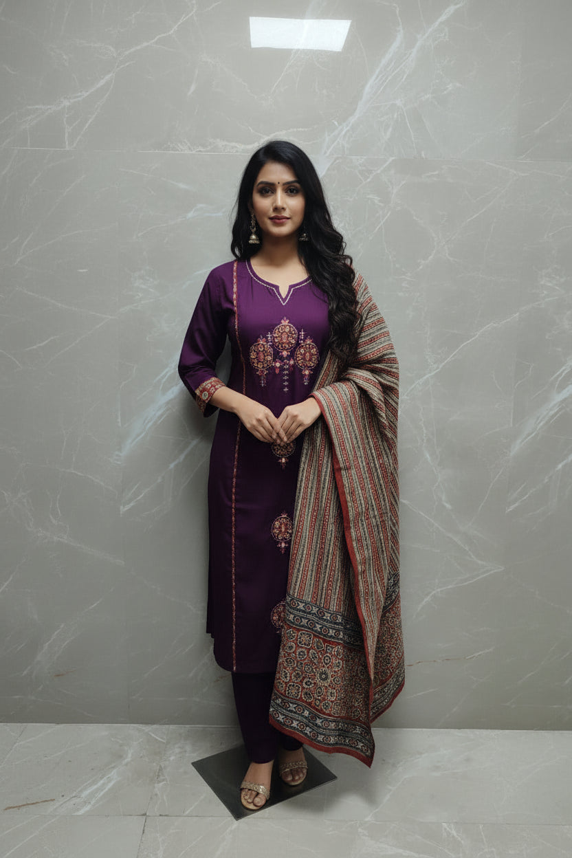 Purple Cotton Hand Embroidery Airline Kurtha