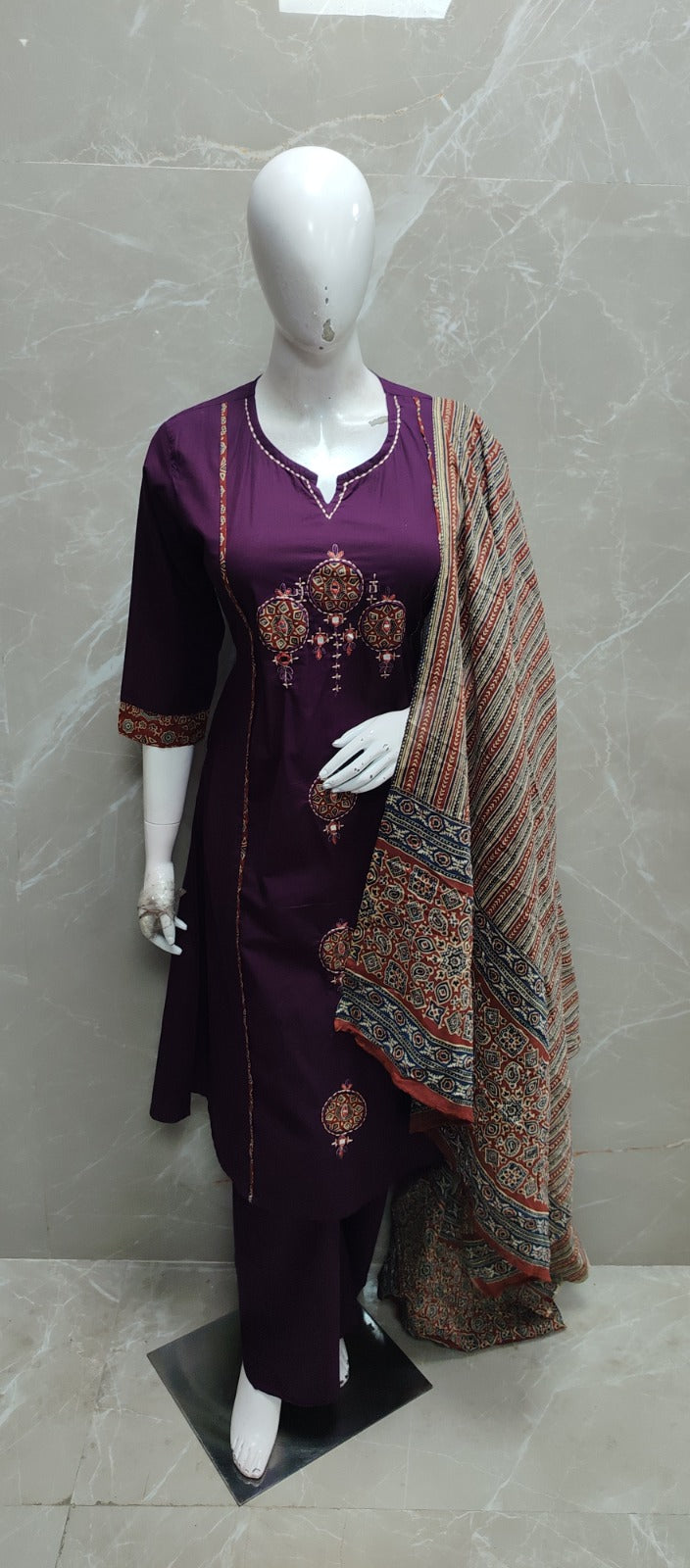 Purple Cotton Hand Embroidery Airline Kurtha
