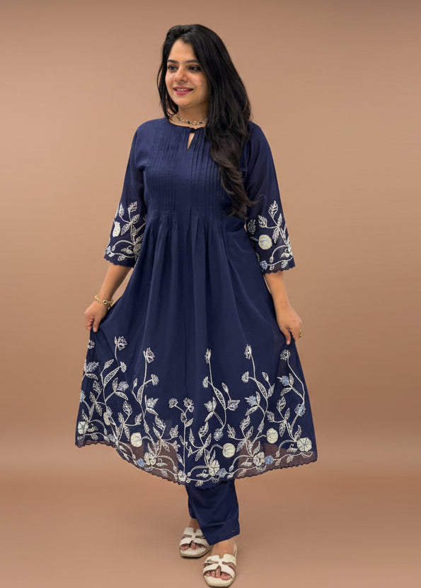 Dark Blue Cotton Hand Embroidery Cord Set Kurtha 487
