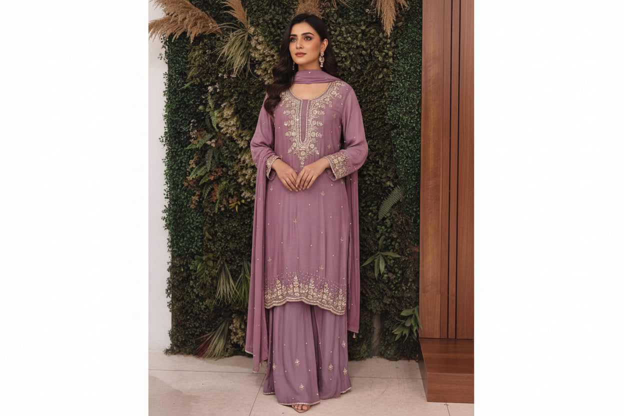 Purple Chinnon Hand Embroidery Sharara Kurtha 301