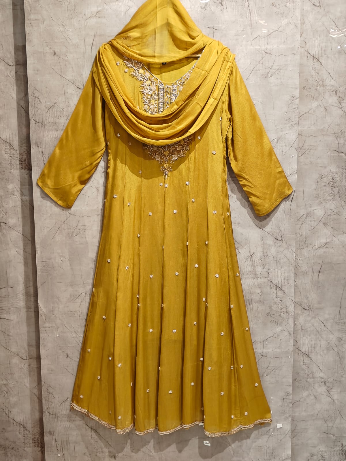“Pari" Yellow Anarkali chinnon handwork party ware Kurtha set