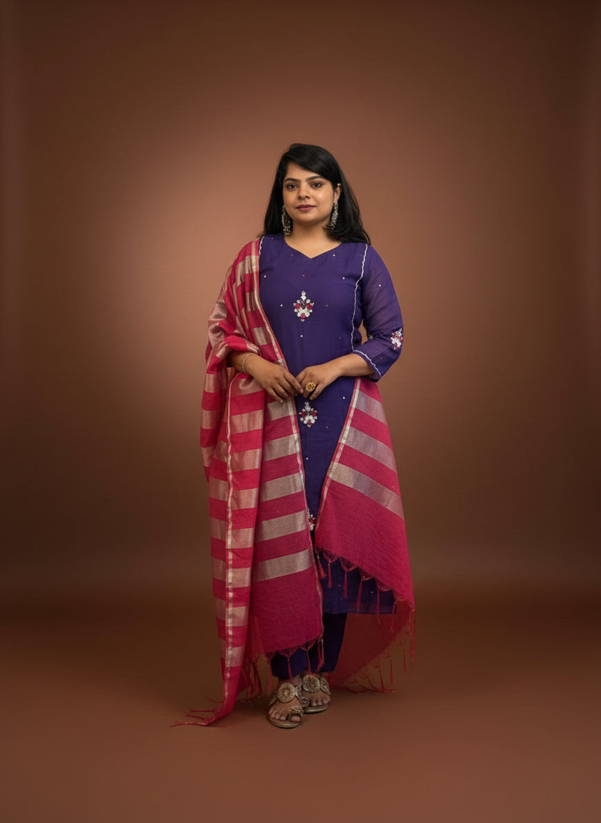 “Pani" Purple Mul Chanderi Silk Kurtha 101 With Handwork Embroidery