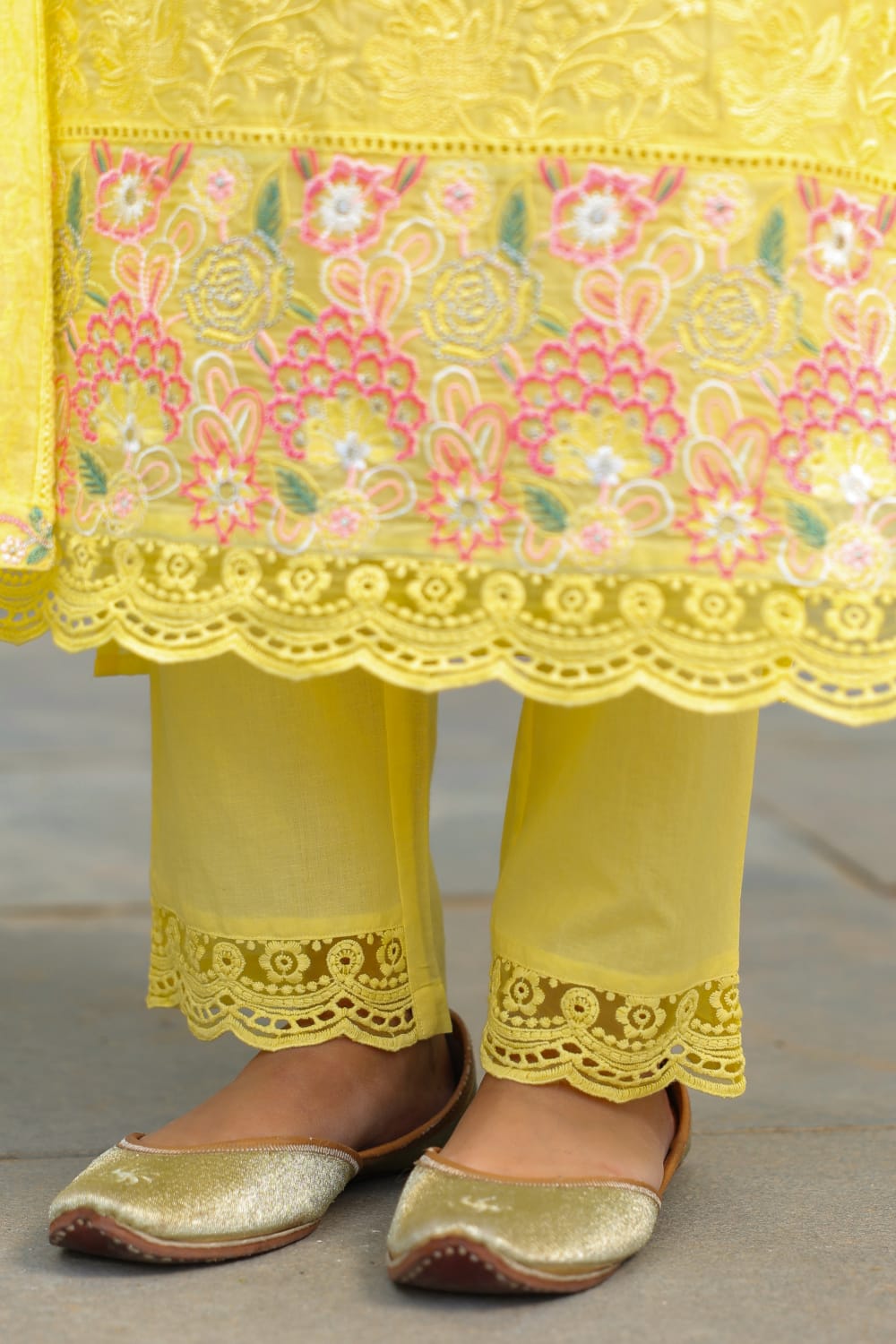 Lemon Yellow Cotton designer Hacoba  Work Straight Fit Kurtha