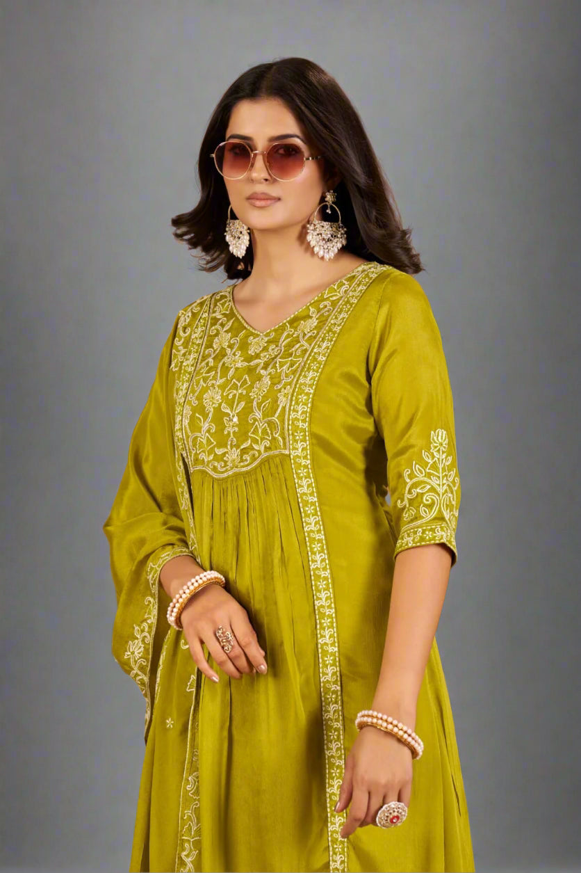 "Devi" Mehendi Green Chinnon Embroidery 01 Airline Handwork Kurtha