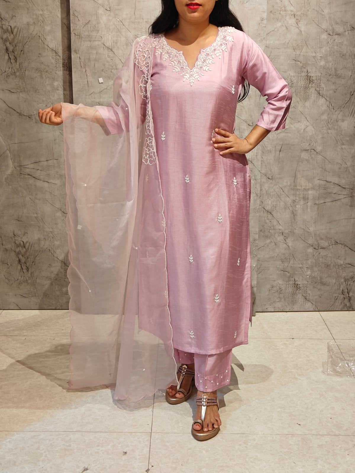 Baby Pink Pearl Handwork Dola silk Kurtha 811
