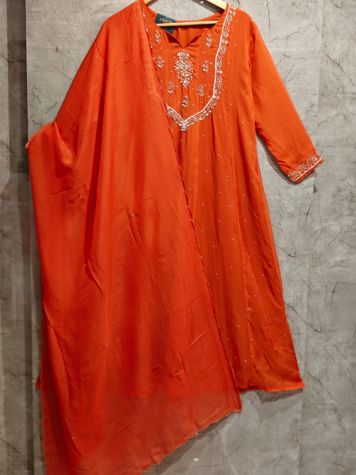 Orange Organza Hand Embroidery Airline Kurtha 966