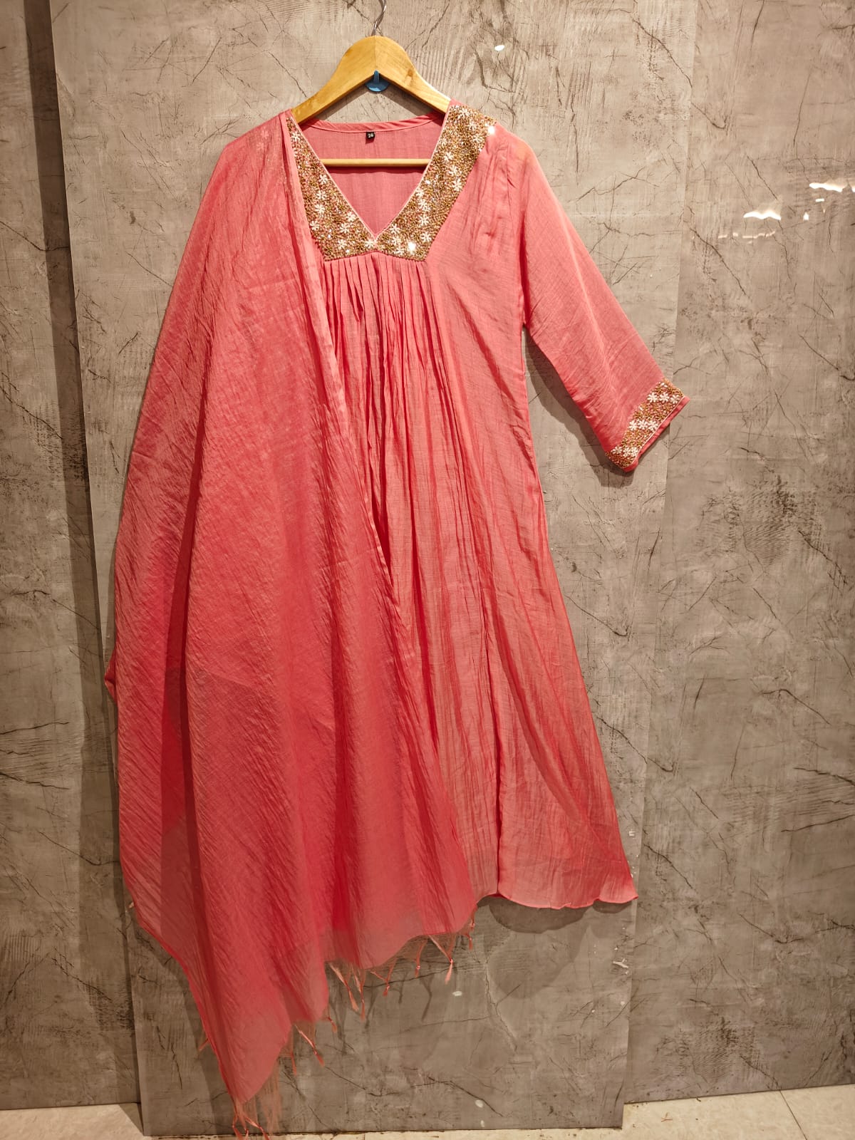 Baby Pink Mul Chanderi Hand Embroidery Airline Kurtha 324