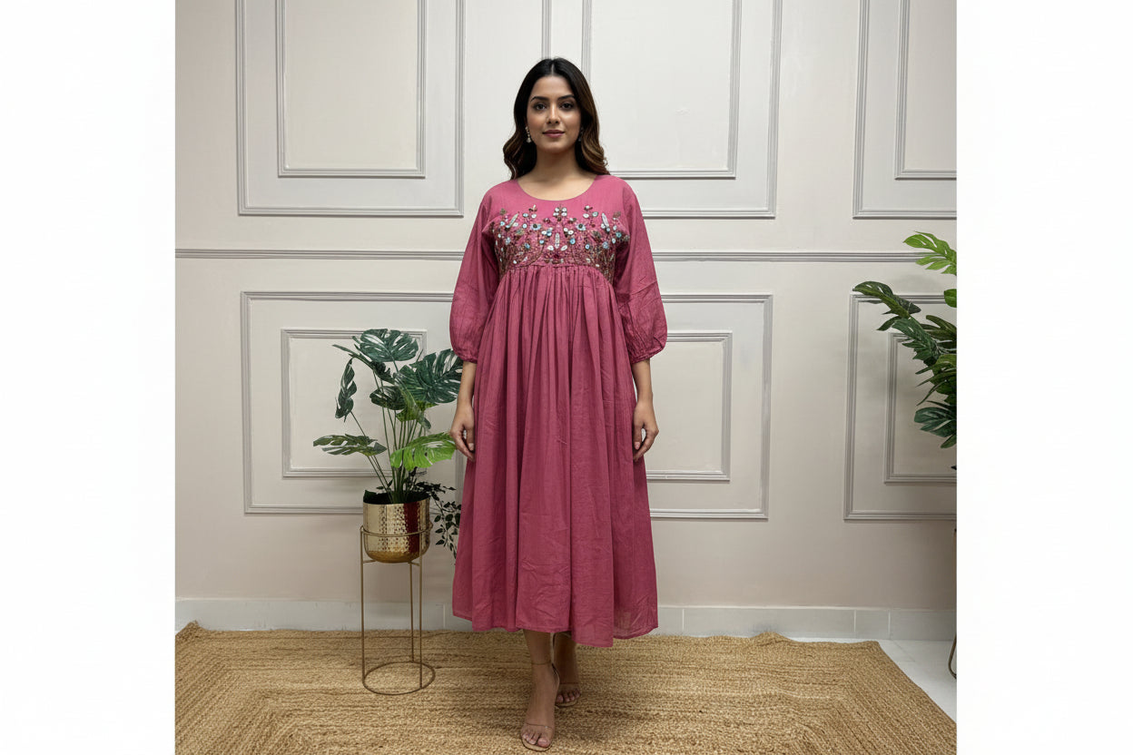 Onion Pink Mul Chandheri Thread Embroidery Frocks Kurtha 372