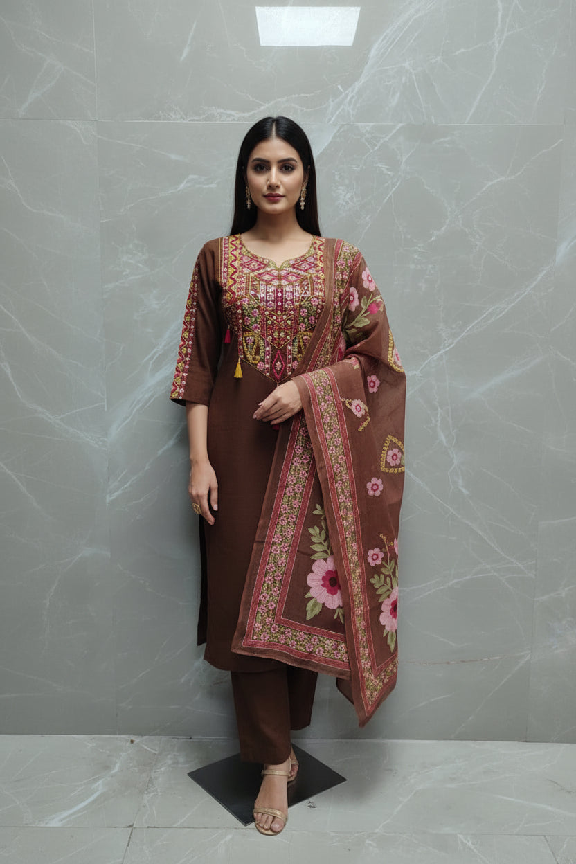 Brown Cotton Thread Embroidery Straight Fit Kurtha