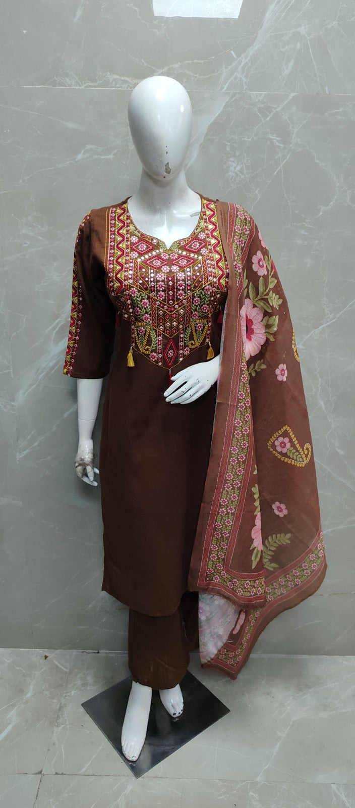 Brown Cotton Thread Embroidery Straight Fit Kurtha